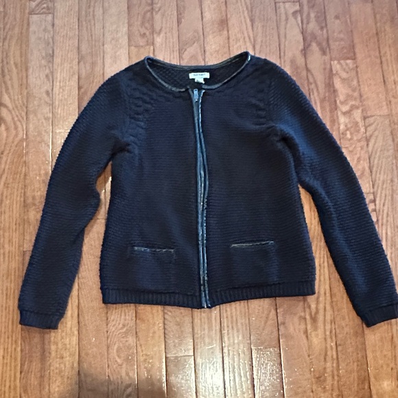 Old Navy Sweaters - Old Navy Sweater Jacket Womens black Zip Up Faux Leather Trim Long Sleeve
